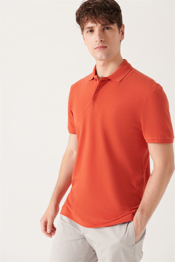 Koyu Turuncu Polo Yaka Düz T-Shirt