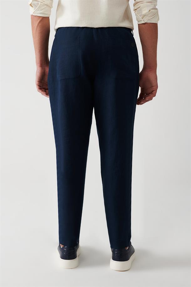 Lacivert %100 Keten Yandan Cepli Relaxed Fit Pantolon