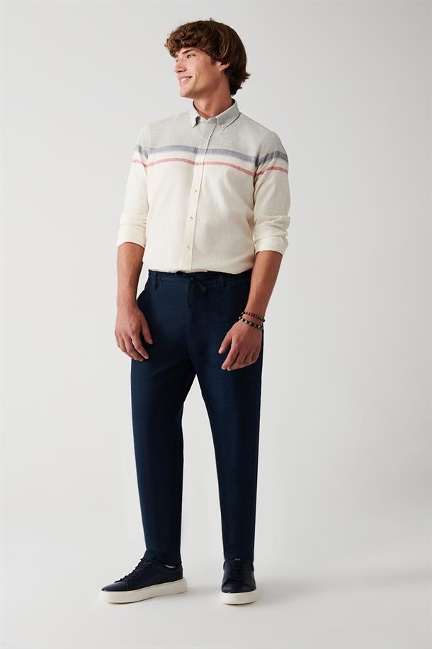 Lacivert %100 Keten Yandan Cepli Relaxed Fit Pantolon