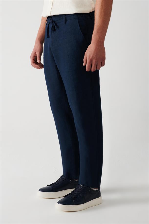 Lacivert %100 Keten Yandan Cepli Relaxed Fit Pantolon
