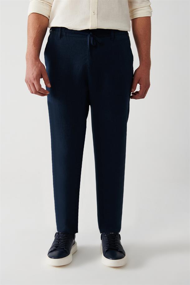 Lacivert %100 Keten Yandan Cepli Relaxed Fit Pantolon