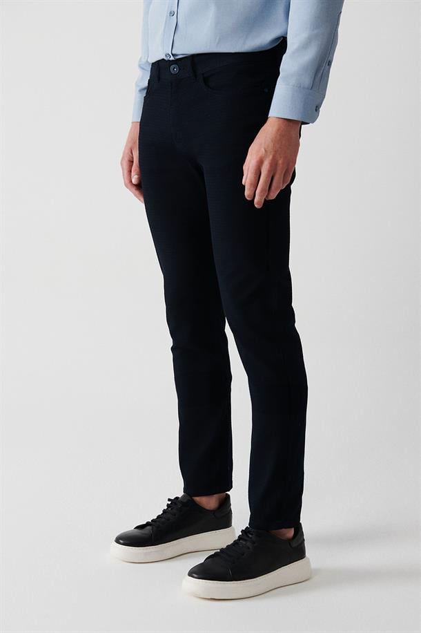 Lacivert Armürlü Likralı 5 Cepli Slim Fit Kanvas Pantolon