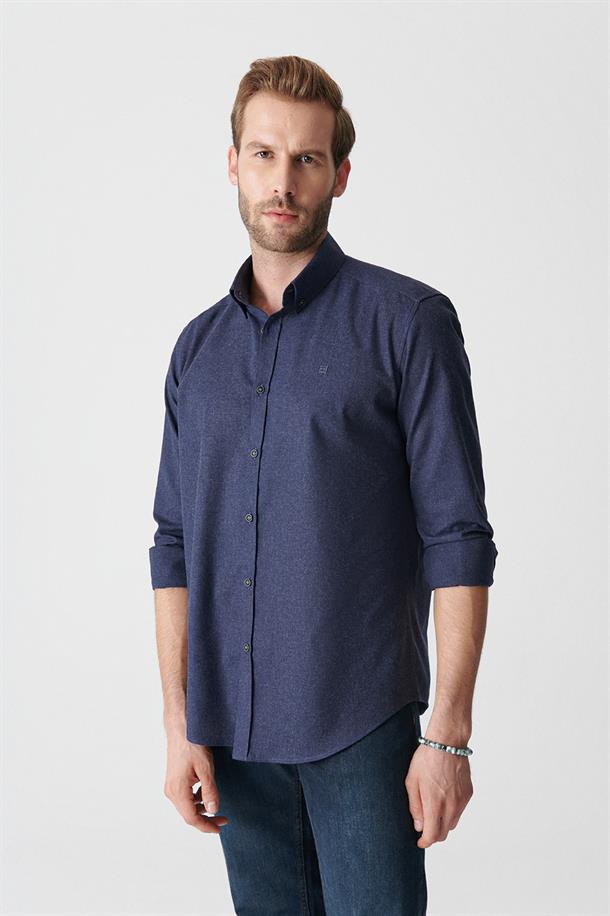 Lacivert Düz Düğmeli Yaka Comfort Fit Gömlek