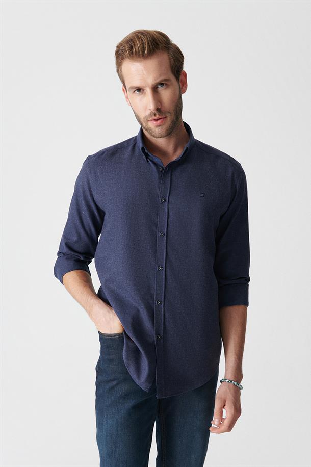 Lacivert Düz Düğmeli Yaka Comfort Fit Gömlek