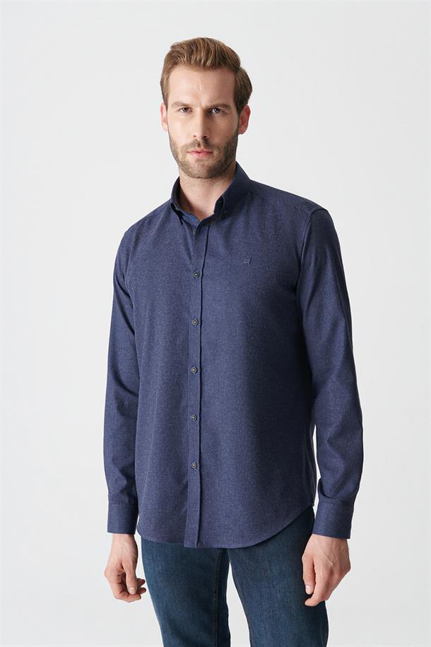 Lacivert Düz Düğmeli Yaka Comfort Fit Gömlek