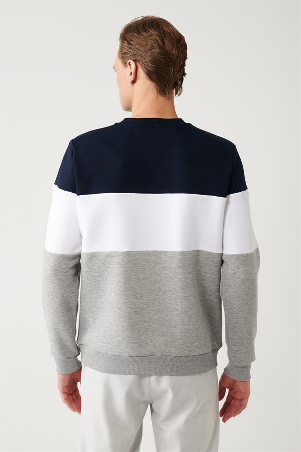 Lacivert-Bayaz-Gri Bisiklet Yaka Parçalı Sweatshirt