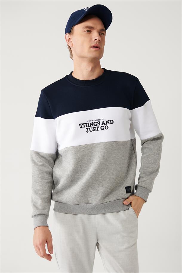 Lacivert-Bayaz-Gri Bisiklet Yaka Parçalı Sweatshirt