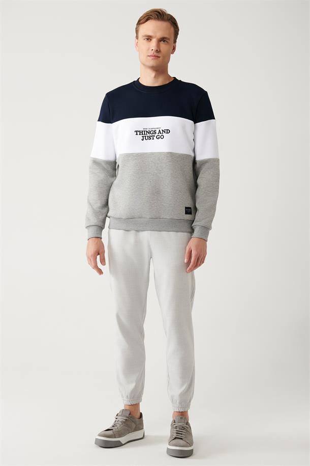 Lacivert-Bayaz-Gri Bisiklet Yaka Parçalı Sweatshirt
