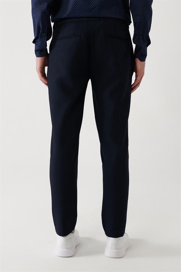 Lacivert Beli Ekstra Esnek Lastikli Slim Fit Örme Chino Pantolon