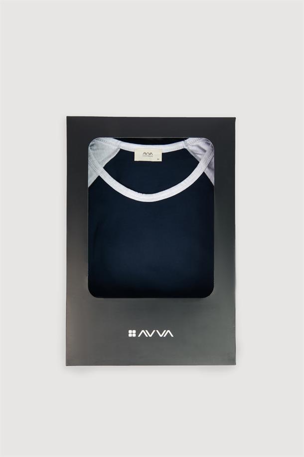 Lacivert Bisiklet Yaka %100 Pamuk Reglan Uzun Kollu Pijama Takımı