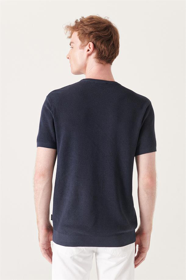 Lacivert Bisiklet Yaka Dokulu Basic Triko T-shirt