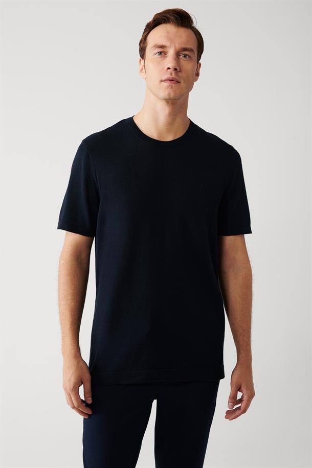 Lacivert Bisiklet Yaka Pamuklu Regular Fit Standart Kesim İnce Triko T-Shirt