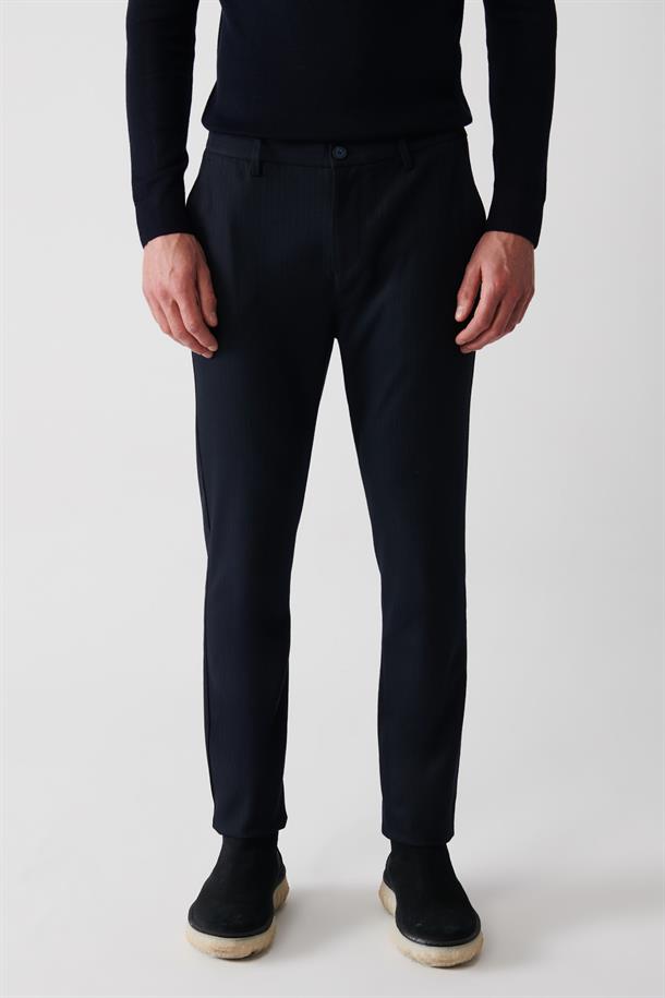Lacivert Çizgili Flanel Chino Pantolon