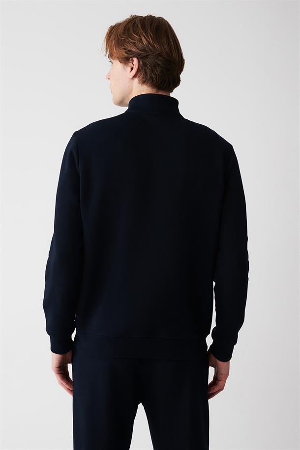Lacivert Dik Yaka Fermuarlı İçi Polarlı 3 İplik Regular Fit Standart Kesim Unisex Sweatshirt