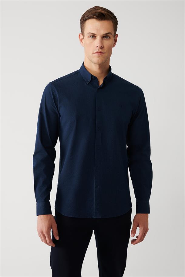Lacivert Düğmeli Yaka Çizgili Pamuk Karışımlı Slim Fit Gömlek