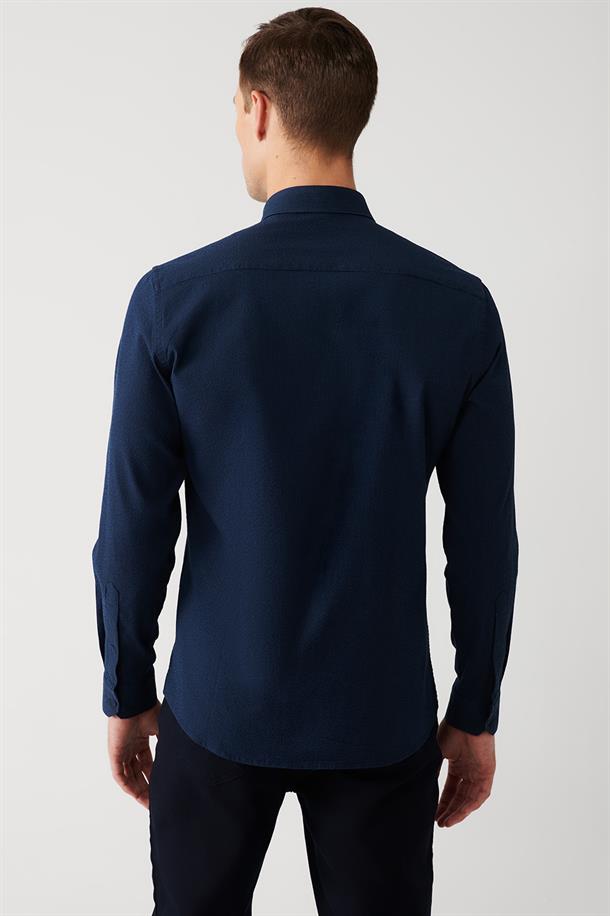 Lacivert Düğmeli Yaka Çizgili Pamuk Karışımlı Slim Fit Gömlek