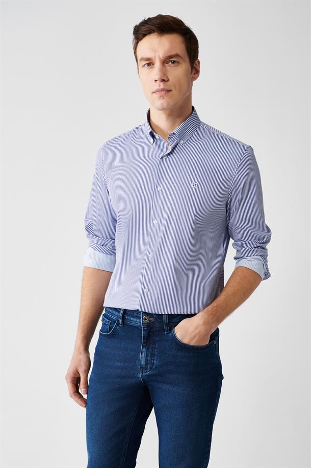 Lacivert Düğmeli Yaka Çizgili Travel Slim Fit Gömlek