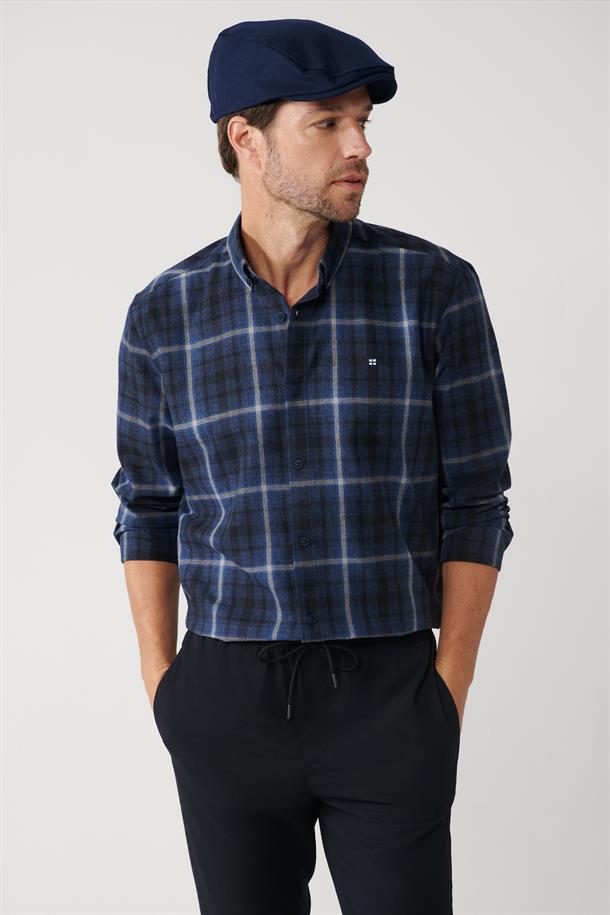 Lacivert Düğmeli Yaka Ekose Desenli Flanel Overshirt Fit Gömlek