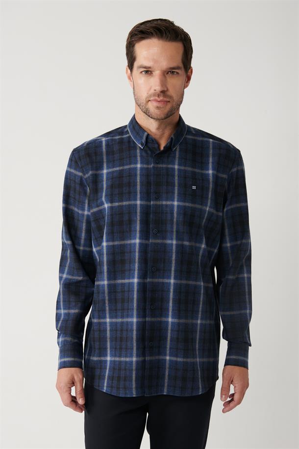 Lacivert Düğmeli Yaka Ekose Desenli Flanel Overshirt Fit Gömlek
