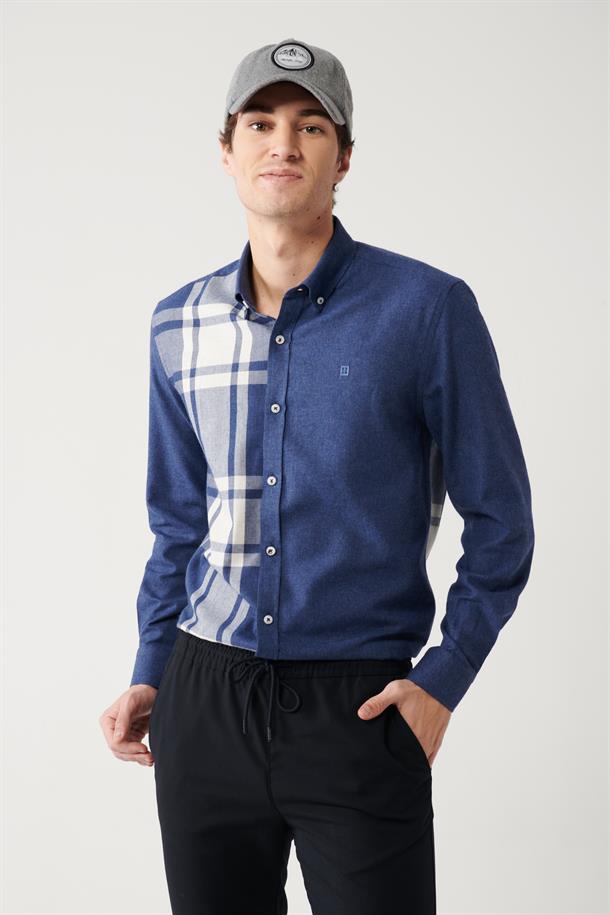 Lacivert Düğmeli Yaka Parçalı Ekose Desenli Flanel Comfort Fit Gömlek