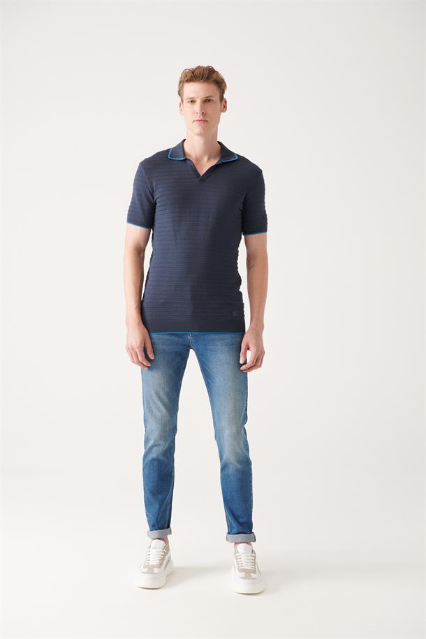 Lacivert Düğmesiz Polo Yaka Örgü Detaylı Triko T-shirt