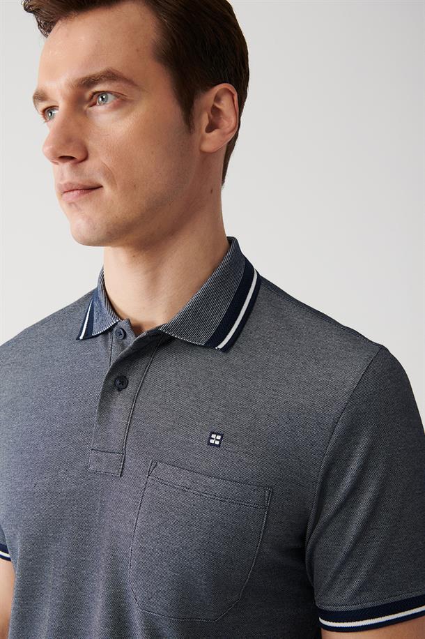 Lacivert Enine Çizglili Cepli  Polo Yaka T-shirt