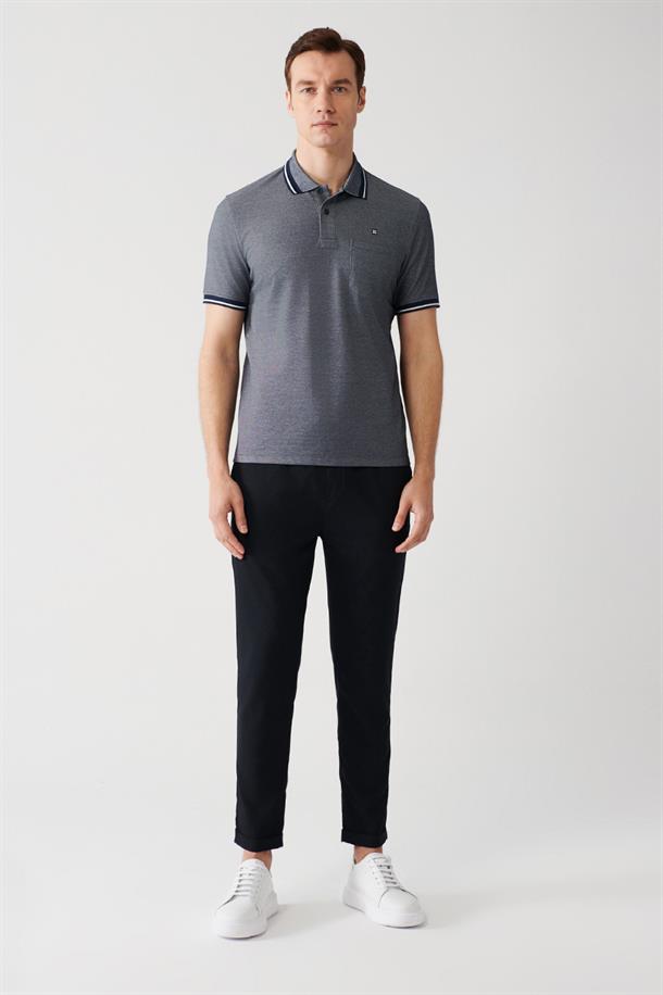 Lacivert Enine Çizglili Cepli  Polo Yaka T-shirt
