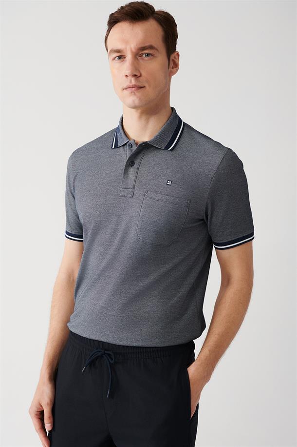 Lacivert Enine Çizglili Cepli  Polo Yaka T-shirt