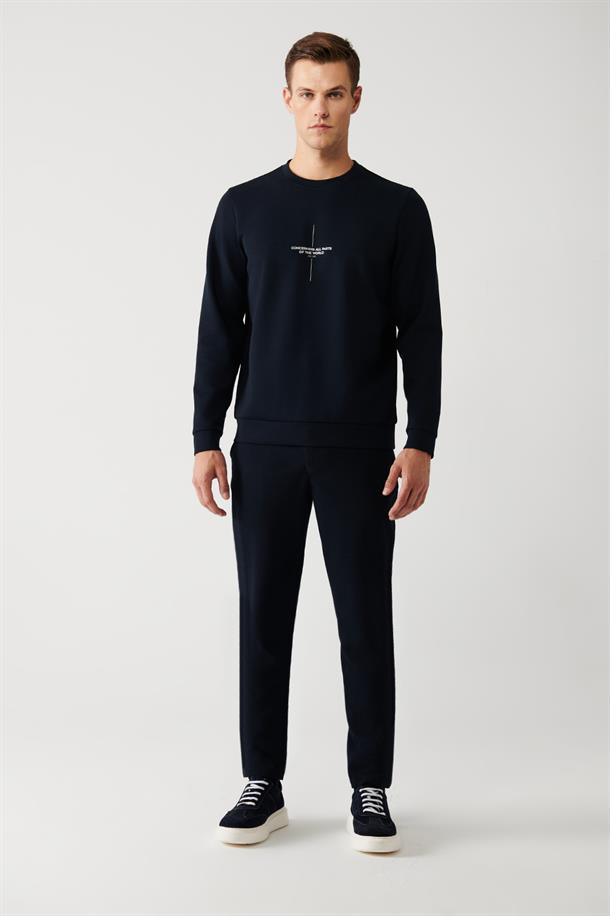Lacivert İnterlok Kumaş Bisiklet Yaka Slogan Baskılı Sweatshirt