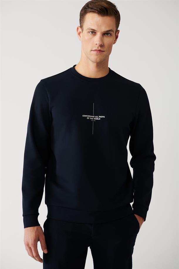 Lacivert İnterlok Kumaş Bisiklet Yaka Slogan Baskılı Sweatshirt