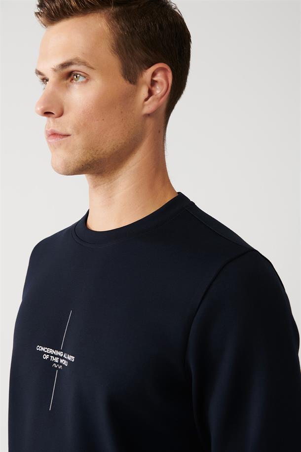 Lacivert İnterlok Kumaş Bisiklet Yaka Slogan Baskılı Sweatshirt