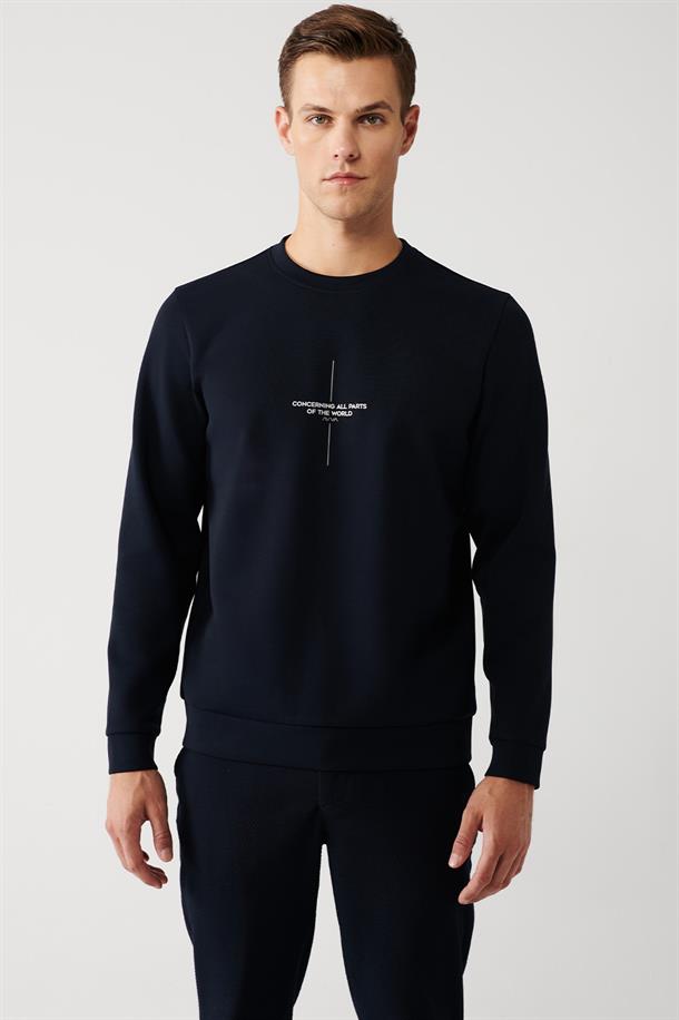 Lacivert İnterlok Kumaş Bisiklet Yaka Slogan Baskılı Sweatshirt