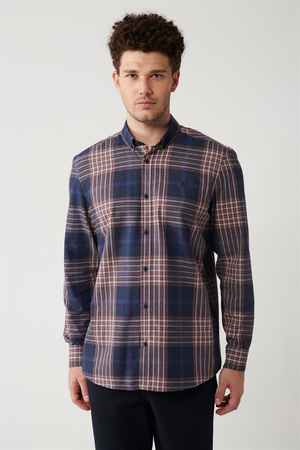 Lacivert-Kahverengi Düğmeli Yaka Ekose Desenli Flanel Overshirt Fit Gömlek