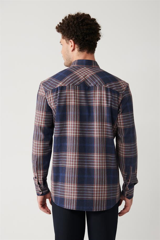 Lacivert-Kahverengi Düğmeli Yaka Ekose Desenli Flanel Overshirt Fit Gömlek