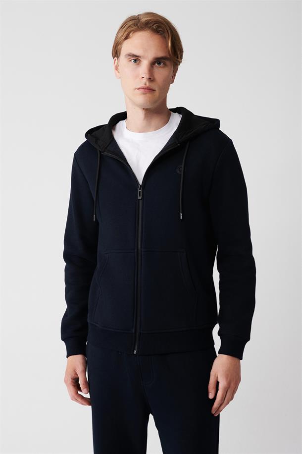 Lacivert Kapüşonlu Yaka İçi Polarlı 3 İplik Fermuarlı Unisex Hırka