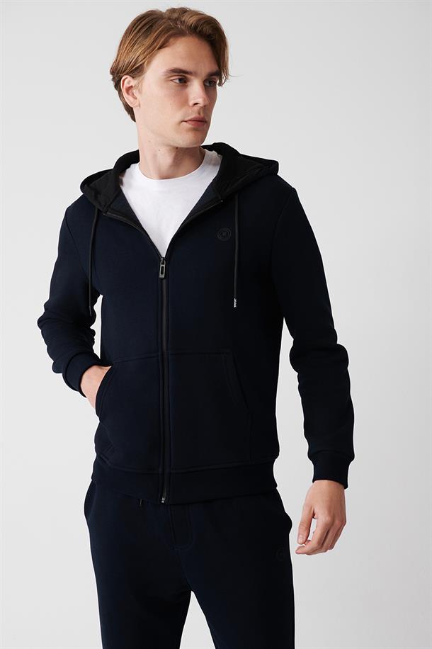 Lacivert Kapüşonlu Yaka İçi Polarlı 3 İplik Fermuarlı Unisex Hırka