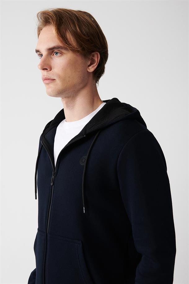 Lacivert Kapüşonlu Yaka İçi Polarlı 3 İplik Fermuarlı Unisex Hırka