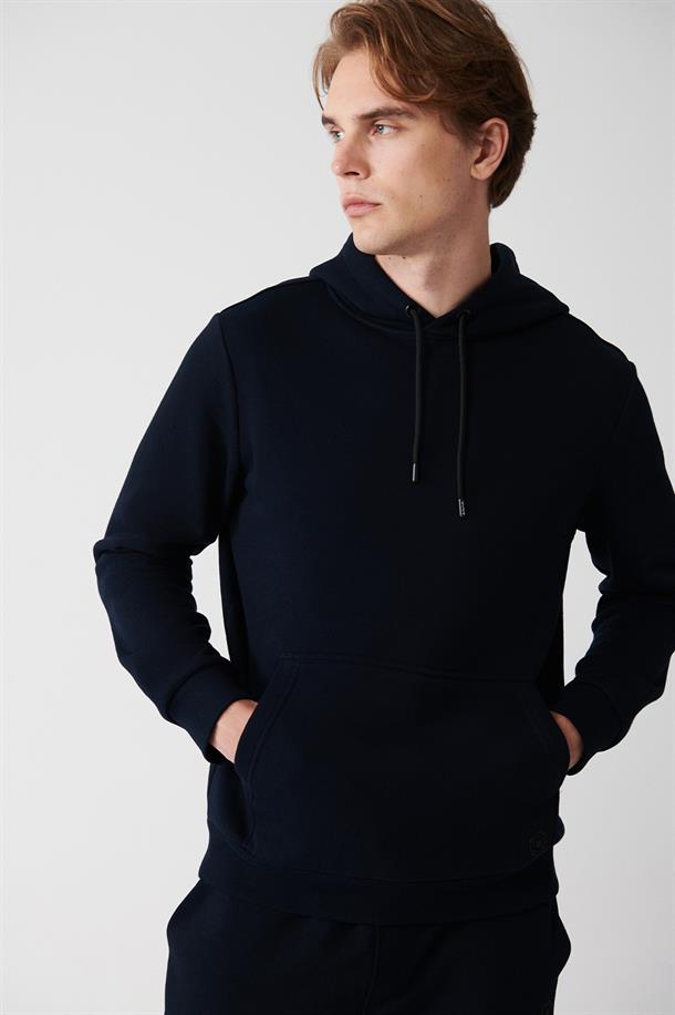 Lacivert Kapüşonlu Yaka İçi Polarlı 3 İplik Pamuklu Regular Fit Standart Kesim Unisex Sweatshirt