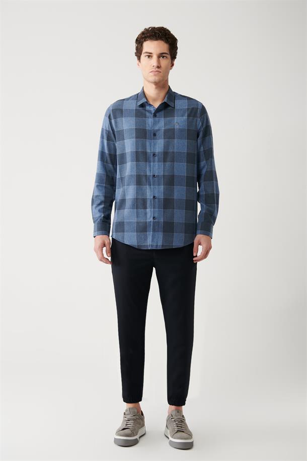 Lacivert Klasik Yaka Ekose Desenli Flanel Comfort Fit Gömlek