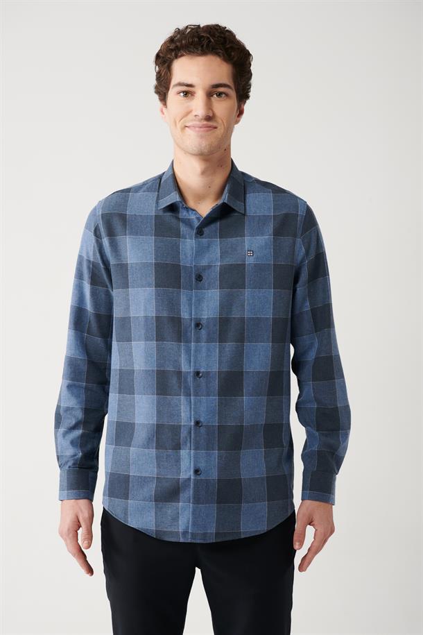 Lacivert Klasik Yaka Ekose Desenli Flanel Comfort Fit Gömlek