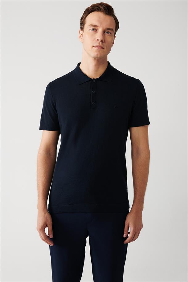 Lacivert Pamuklu Polo Yaka Regular Fit Standart Kesim İnce Triko T-Shirt