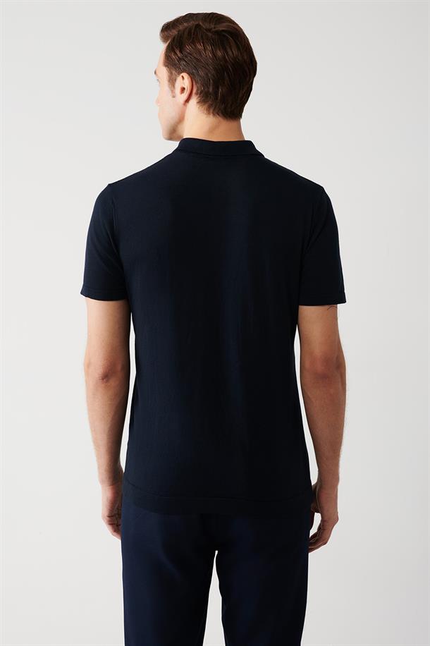 Lacivert Pamuklu Polo Yaka Regular Fit Standart Kesim İnce Triko T-Shirt