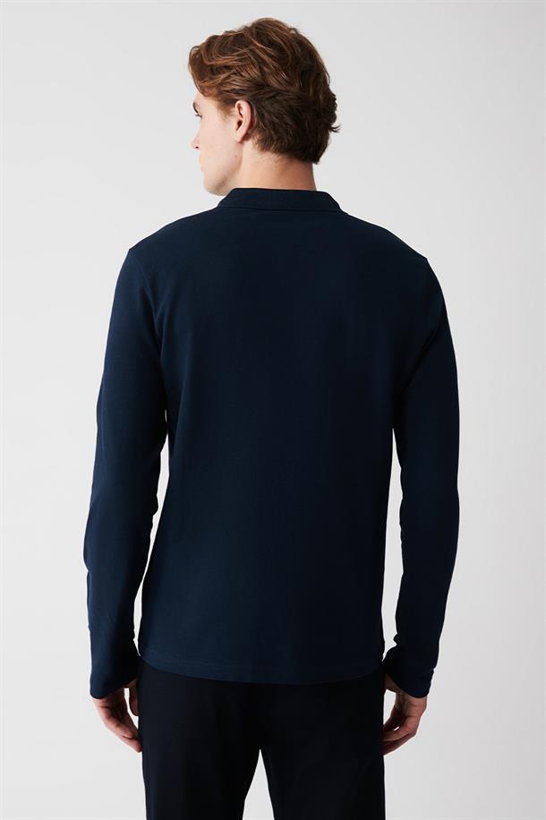 Lacivert Polo Yaka %100 Pamuk Basic Regular Fit Standart Kesim Sweatshirt