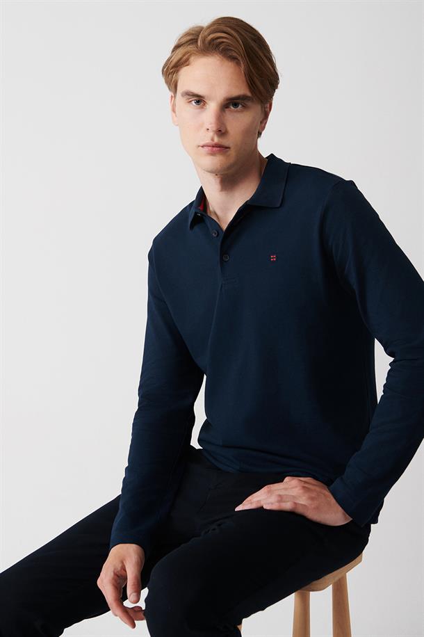 Lacivert Polo Yaka %100 Pamuk Basic Regular Fit Standart Kesim Sweatshirt