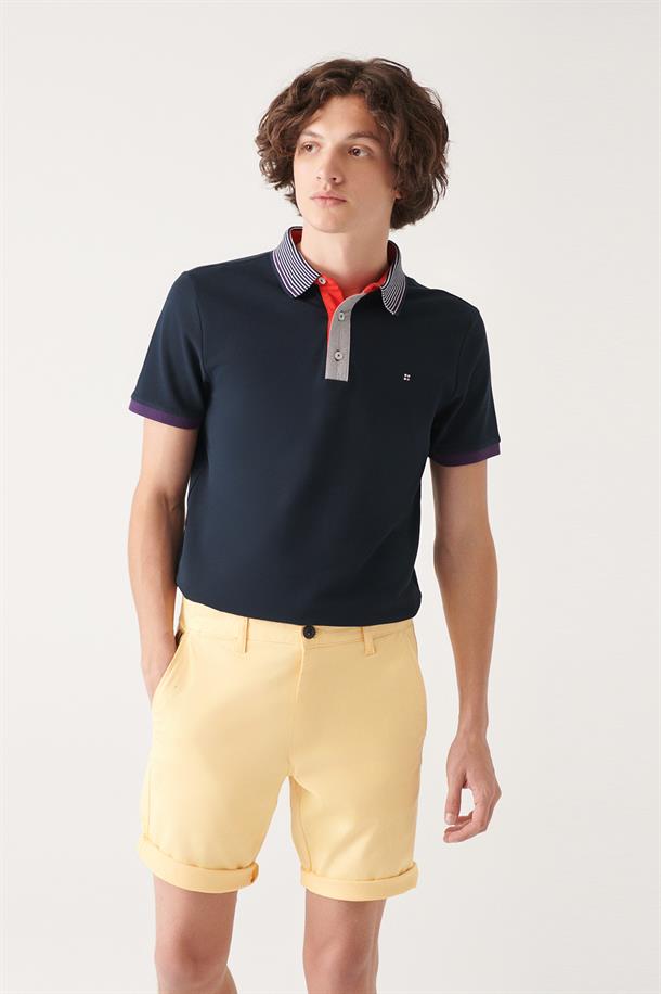 Lacivert Polo Yaka Yakası Şeritli  T-Shirt