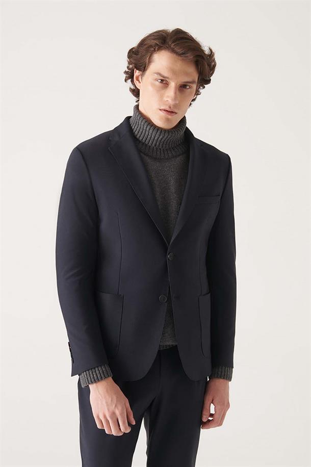 Lacivert Su İtici Kumaş Slim Fit Takım Elbise Ceketi