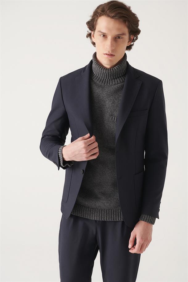 Lacivert Su İtici Kumaş Slim Fit Takım Elbise Ceketi