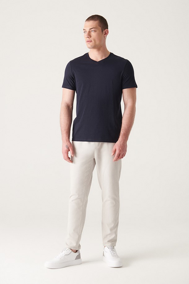 Lacivert V Yaka Düz T-Shirt