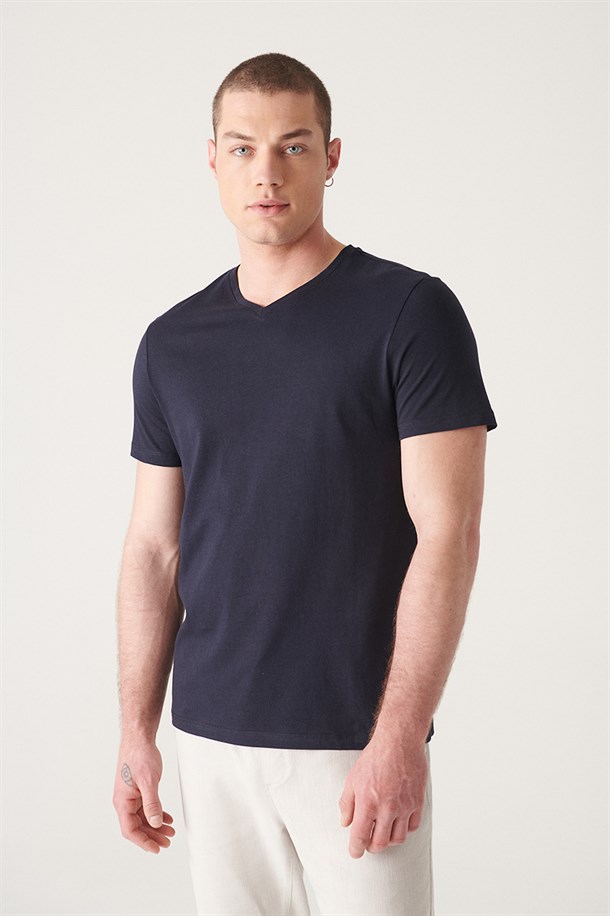 Lacivert V Yaka Düz T-Shirt