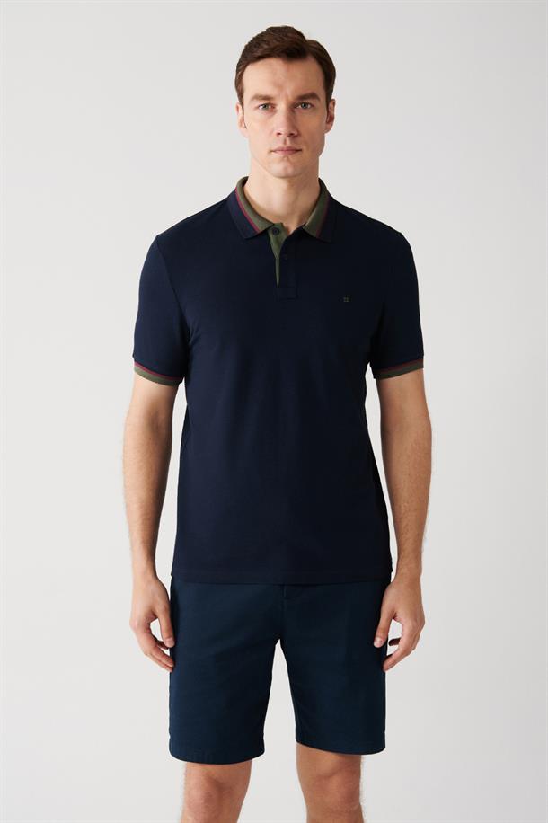 Lacivert Yakası  Çizglili Polo Yaka T-shirt